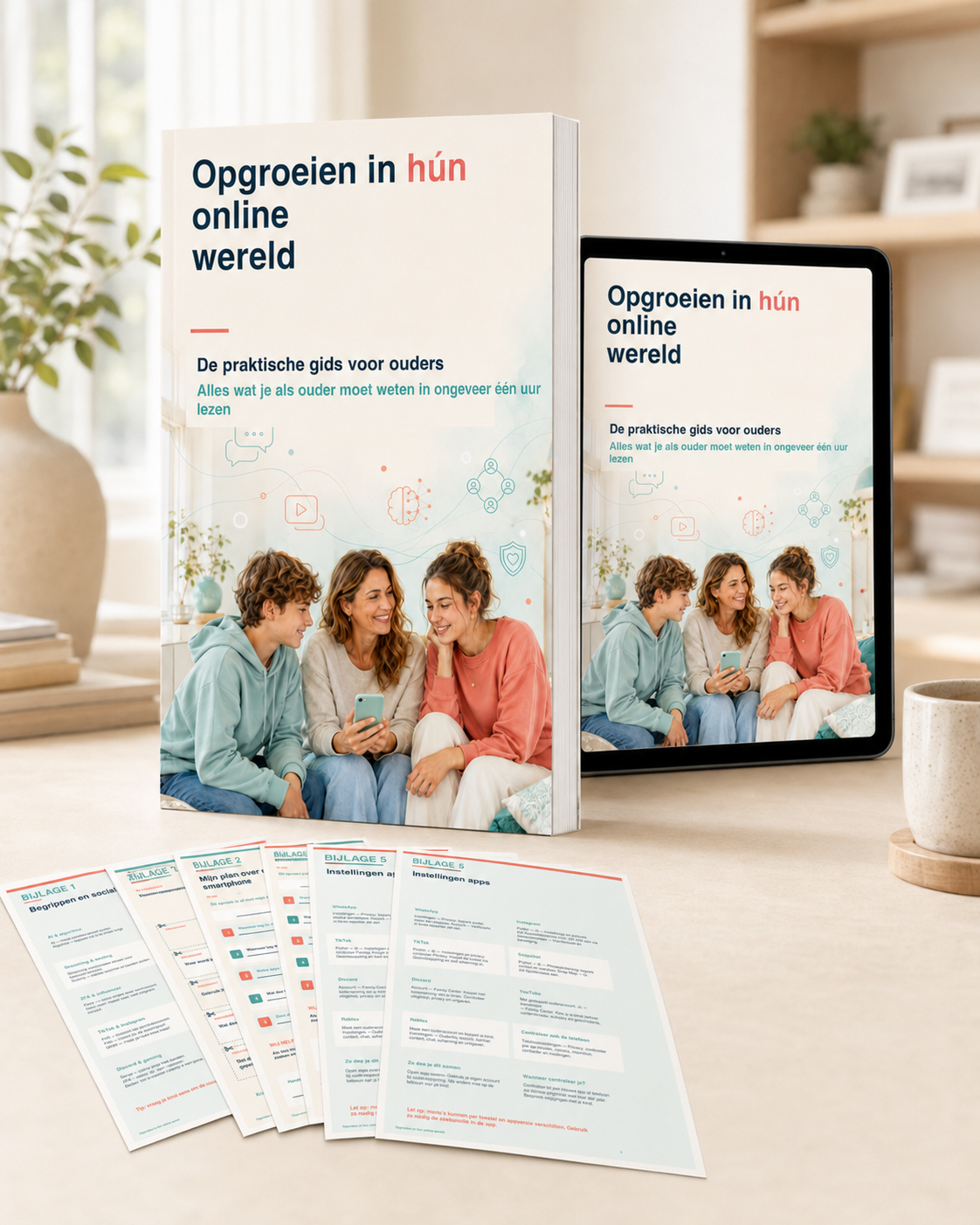 Mockup van de gids Opgroeien in hún online wereld op boek, tablet en bijlagen