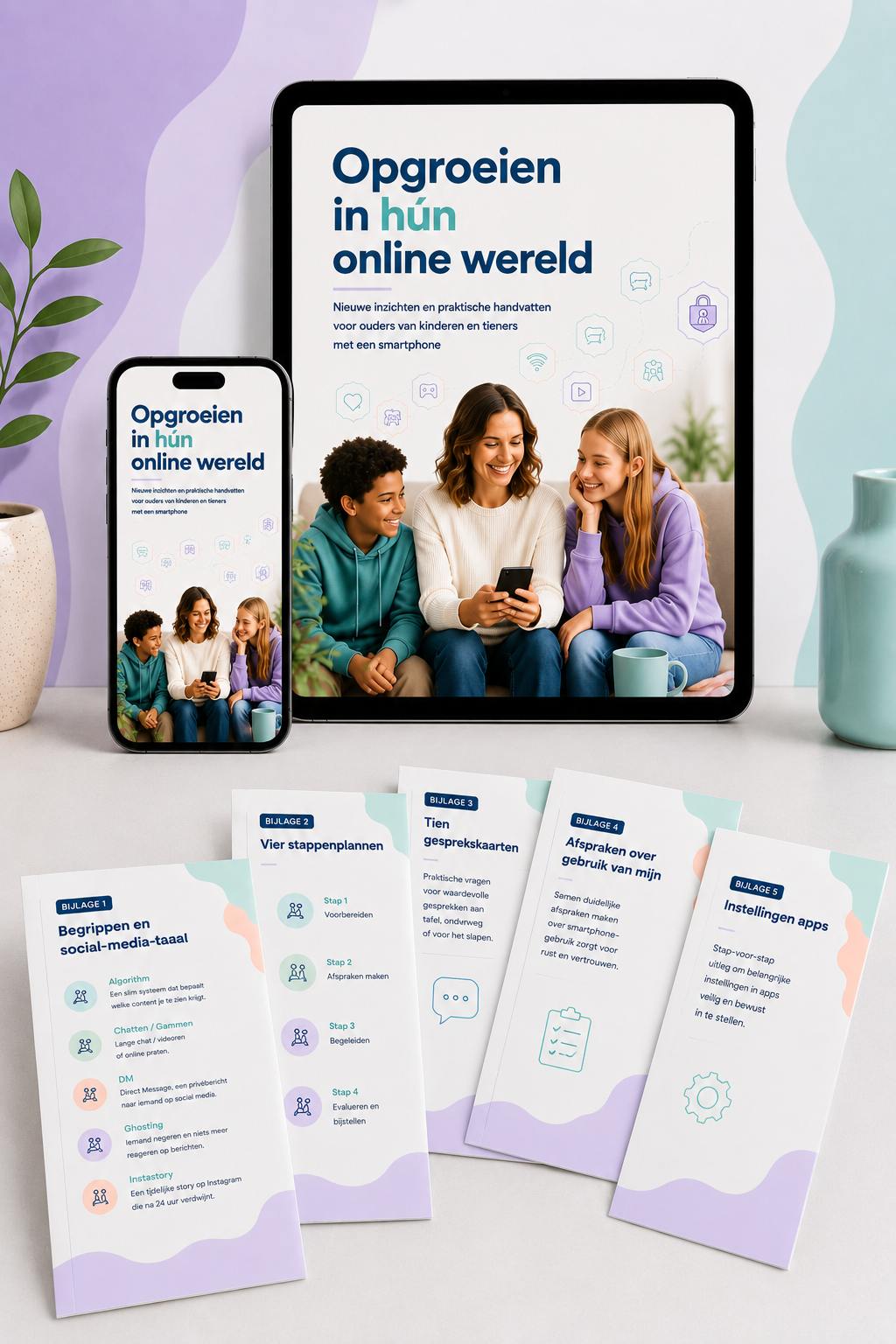Mockup van het ebook Opgroeien in hún online wereld op tablet met de vijf printbare bijlagen